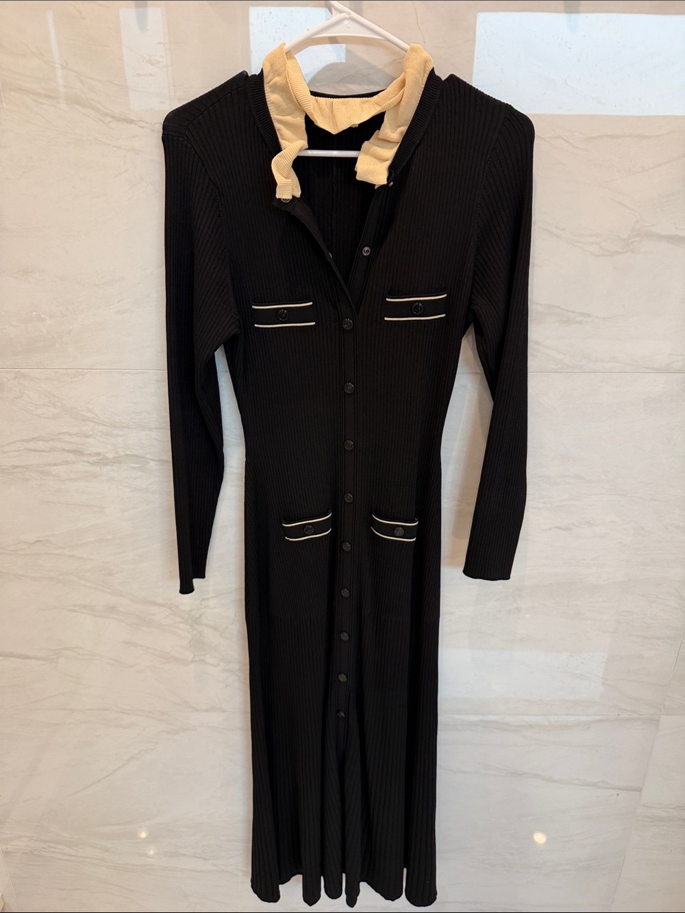 Sandro Black Long Ribbed Button-Front Dress with Yellow Trim Collar